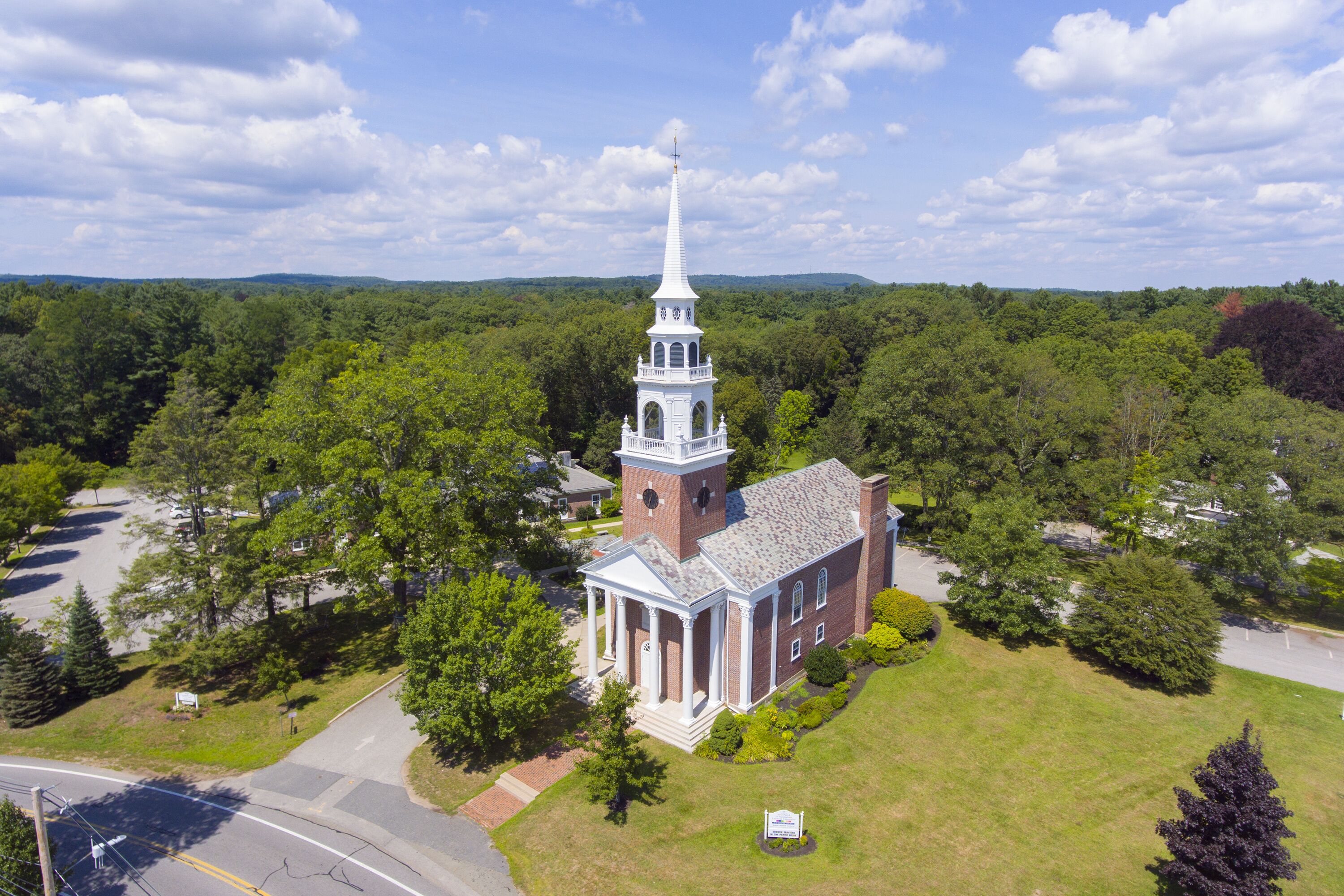 Aerial view of First Parish Church on Framingham Centre Common Historic District in Framingham, Massachusetts, USA.