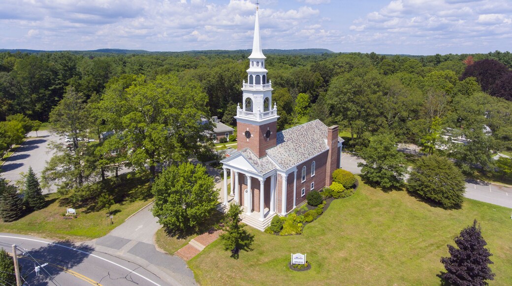 Aerial view of First Parish Church on Framingham Centre Common Historic District in Framingham, Massachusetts, USA.