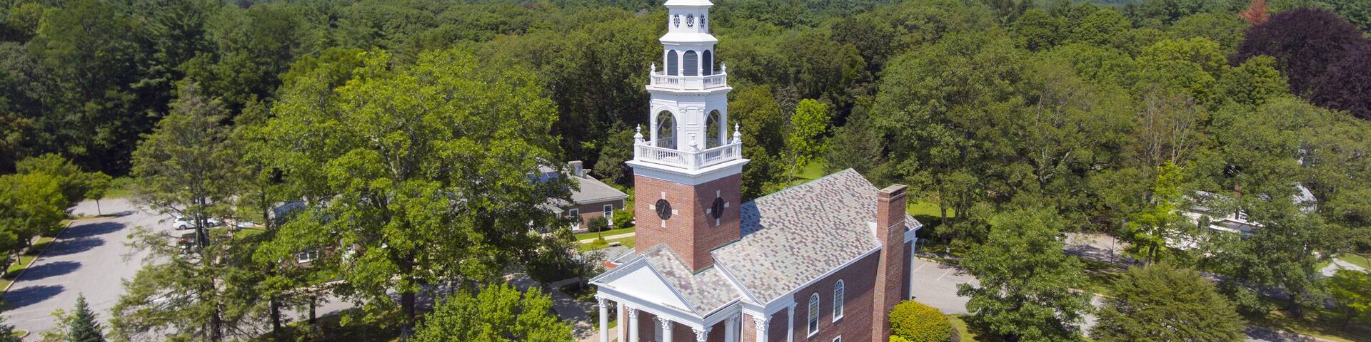 Aerial view of First Parish Church on Framingham Centre Common Historic District in Framingham, Massachusetts, USA.