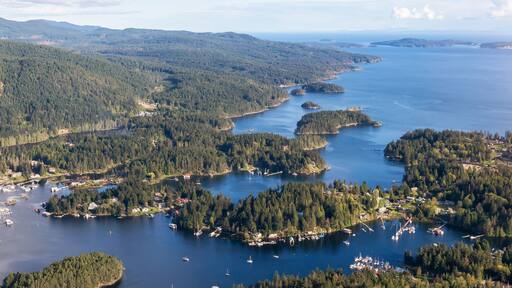 Sunshine Coast, British Columbia, Canada. Aerial View of Beaver Island and Madeira Park during a sunny summer evening. Panorama