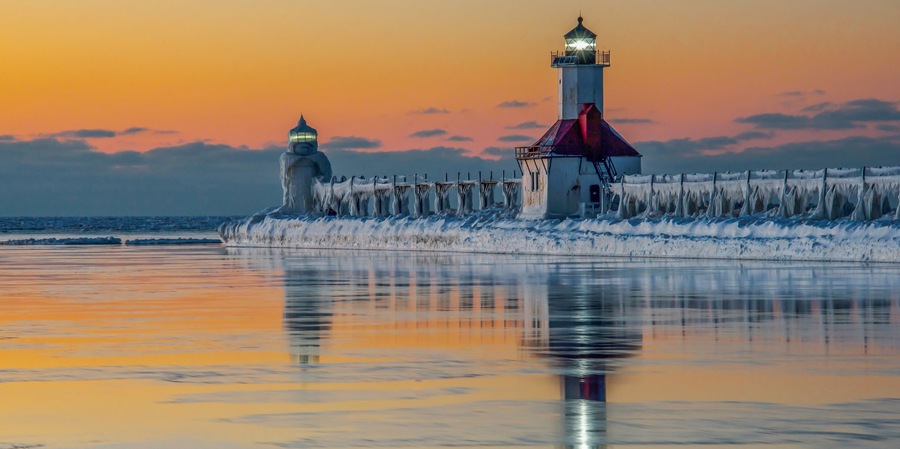 St. Joseph Pier Lighthouse at sunset in winter