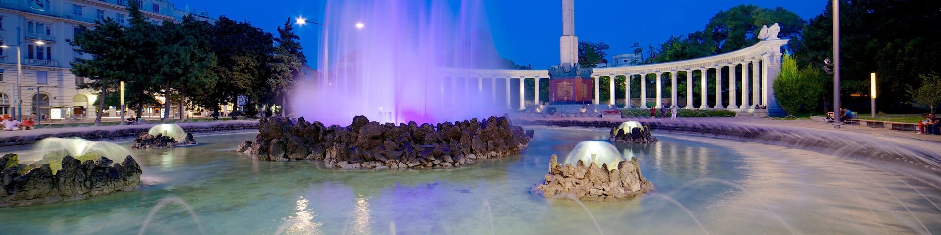 Soviet War Memorial which includes night scenes, a memorial and a city