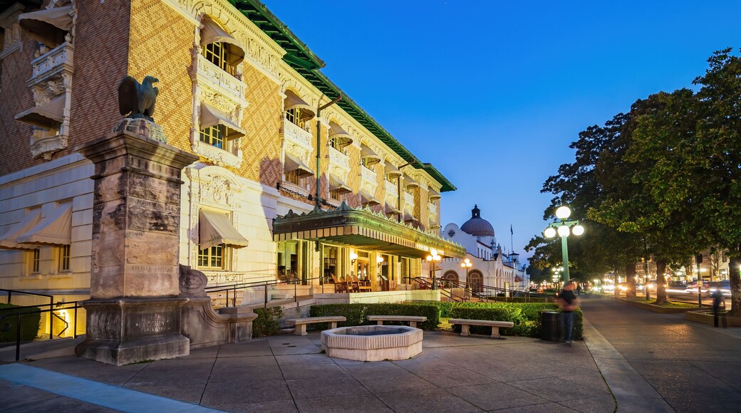 Night view of the Fordyce Bathhouse visitor center