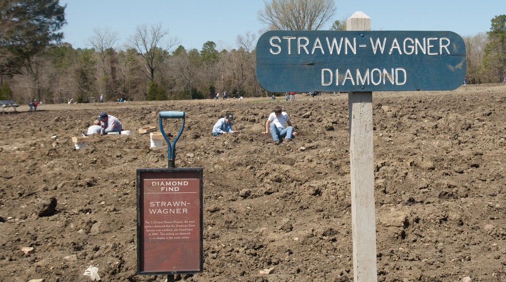 Parque Estadual Crater of Diamonds mostrando sinalização e paisagem assim como um pequeno grupo de pessoas