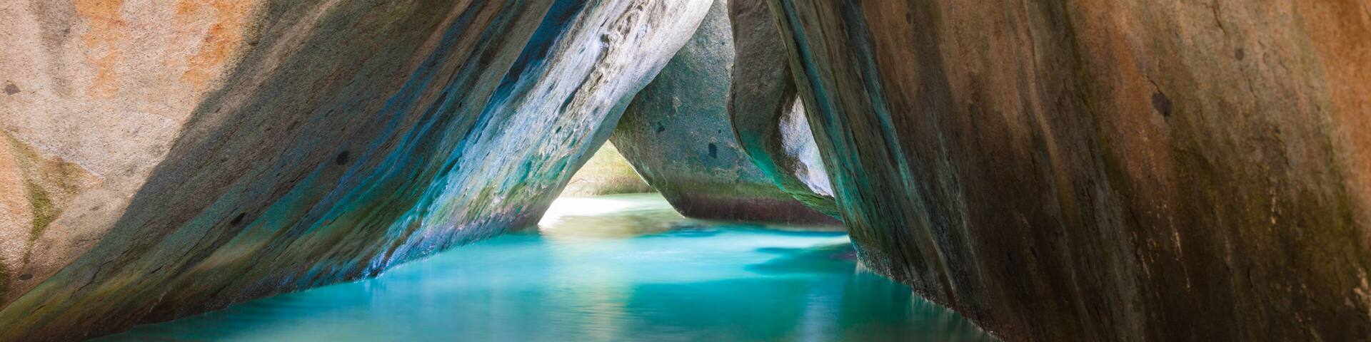 Famous beach and rock formation called The Bath on Virgin Gorda, British Virgin Islands