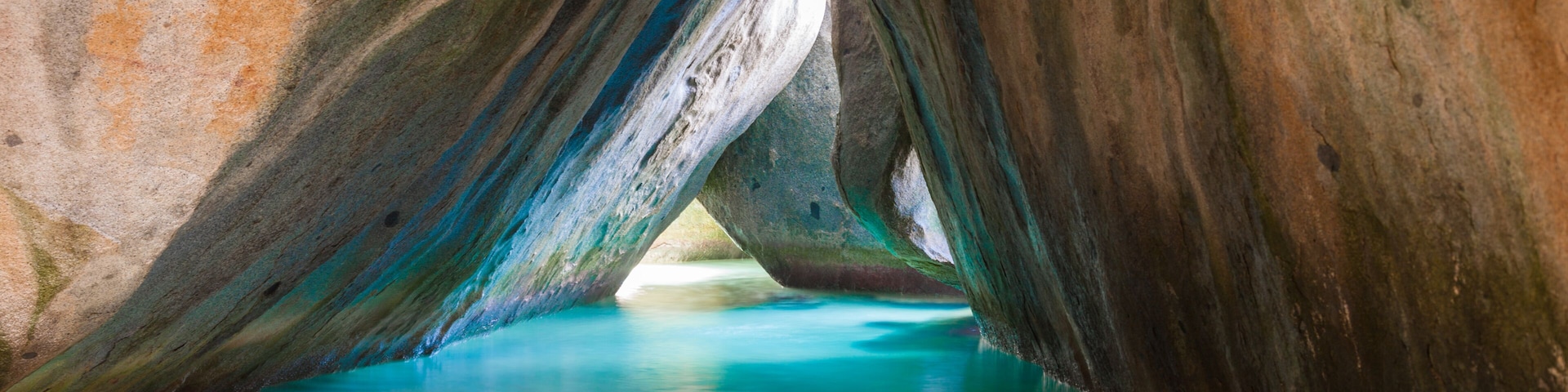 Famous beach and rock formation called The Bath on Virgin Gorda, British Virgin Islands
