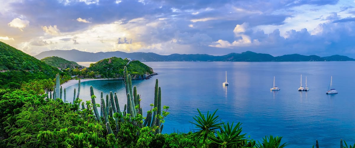 A coastal landscape with a clear sky, a calm sea, and several sailboats anchored.
