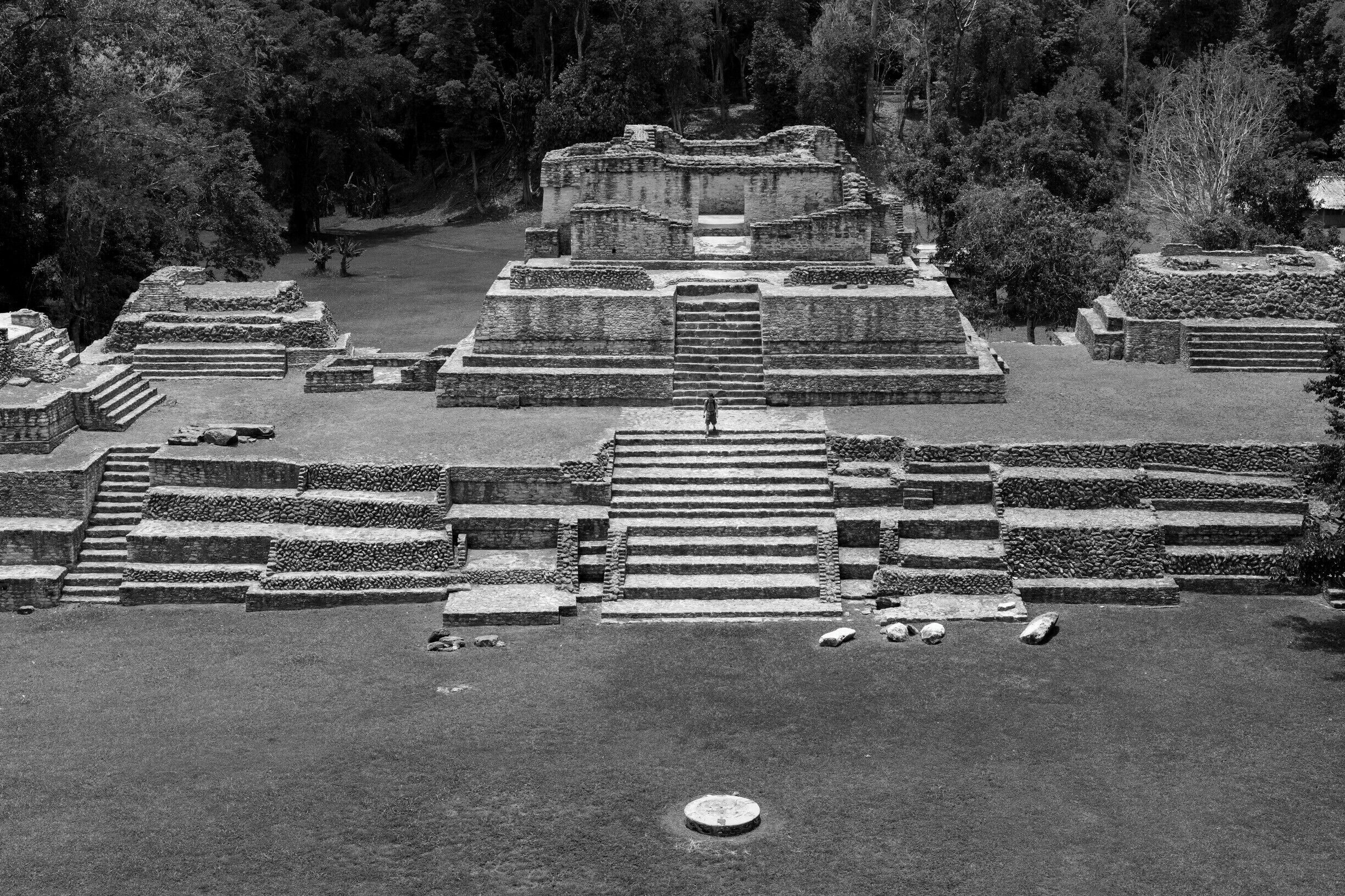 View from the top of the tallest building in Caracol, looking down on the ancient observatory.  