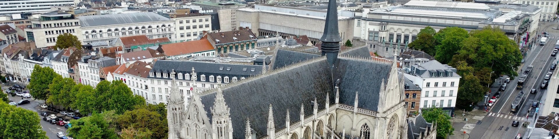 Una catedral con arquitectura gótica elaborada, rodeada por un paisaje urbano con edificios modernos y una calle concurrida.
