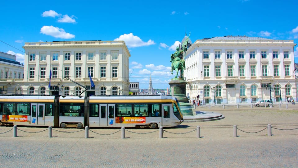 Royal Palace of Brussels featuring a city, railway items and street scenes