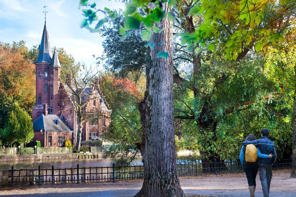 Un parc avec un grand arbre, une personne portant un sac à dos et un bâtiment historique surmonté d’une haute flèche.