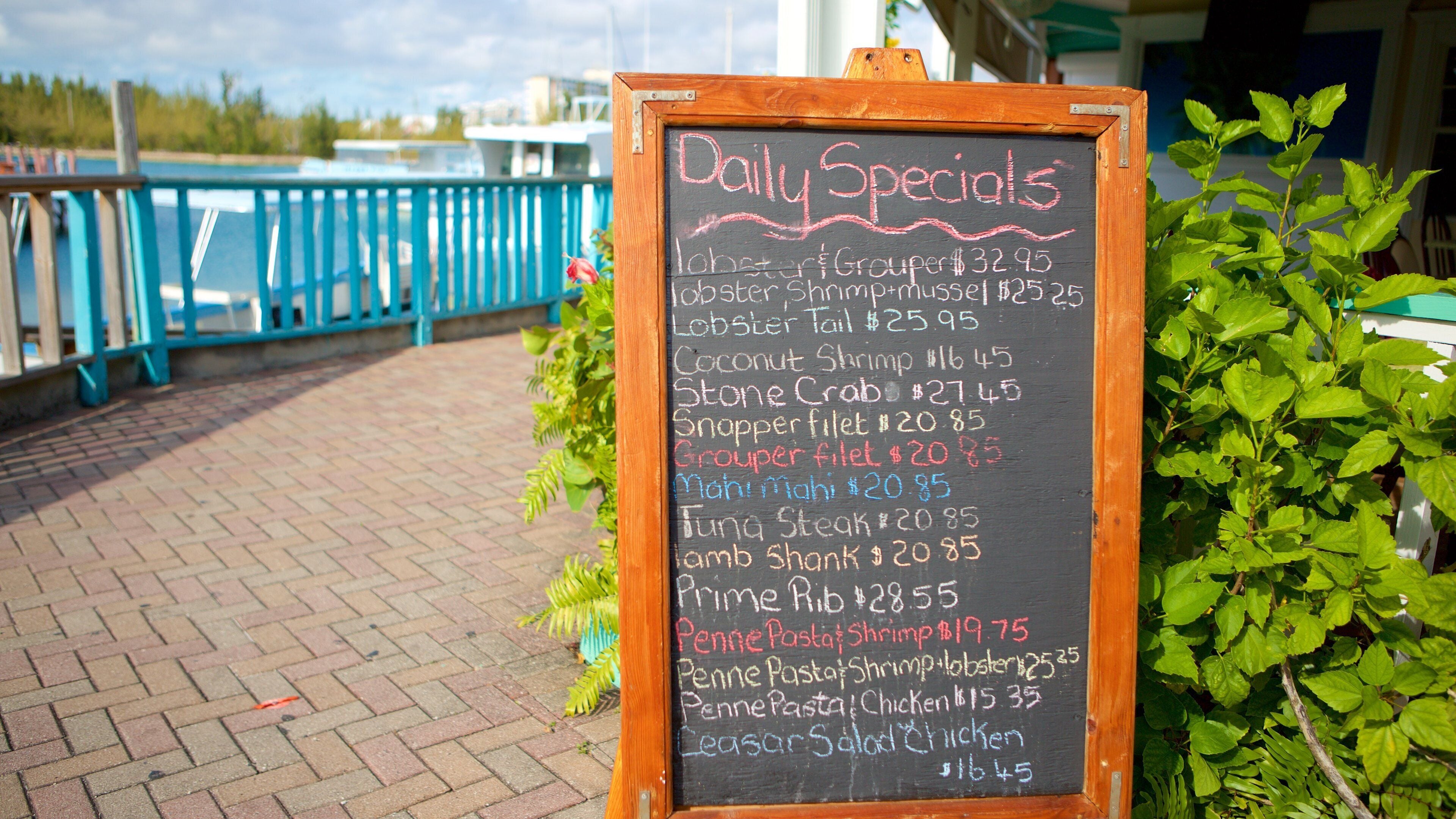 Port Lucaya Marketplace showing signage and café scenes