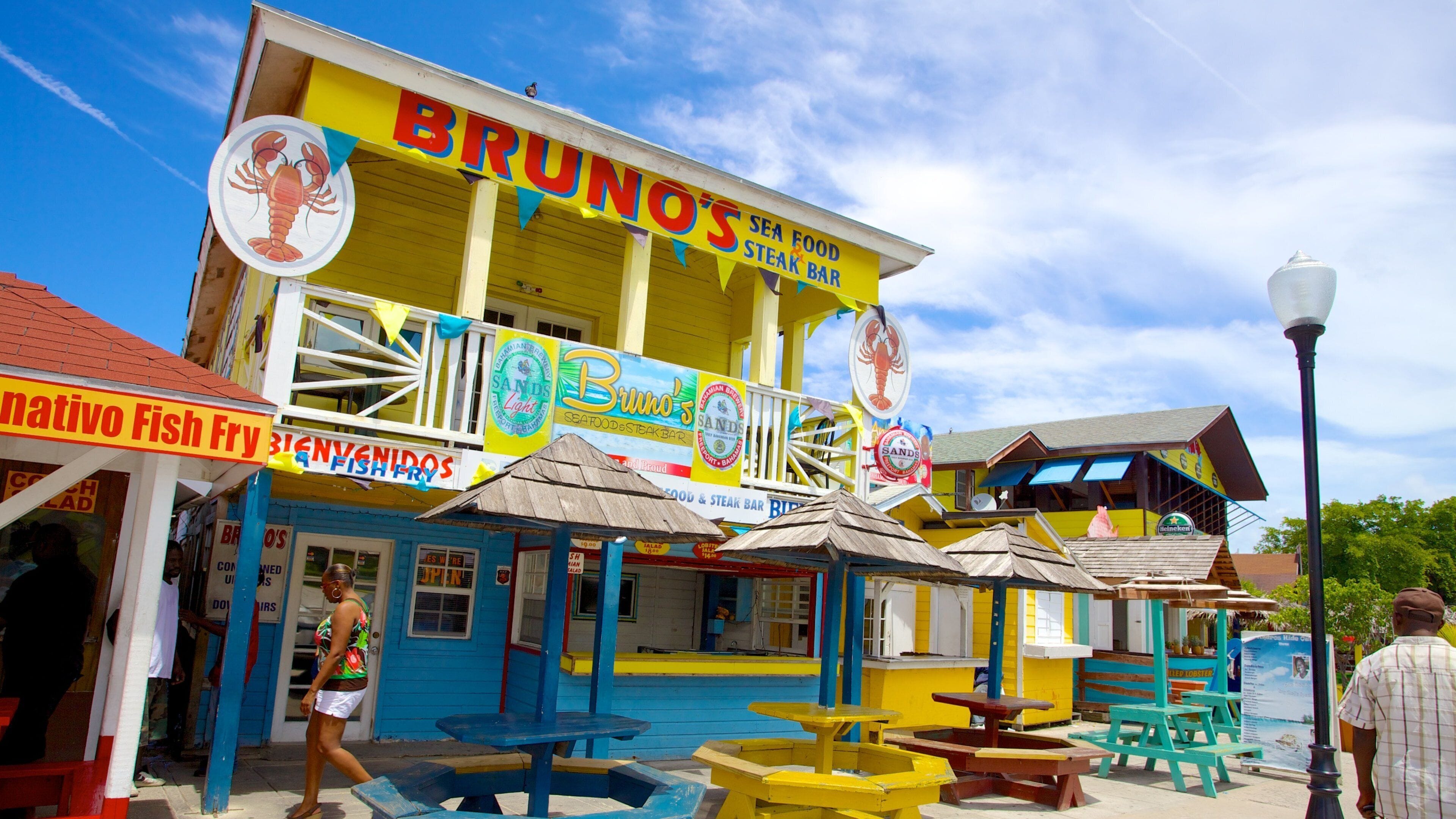 Cayo Arawak mostrando una ciudad costera, escenas urbanas y estilo de vida de café