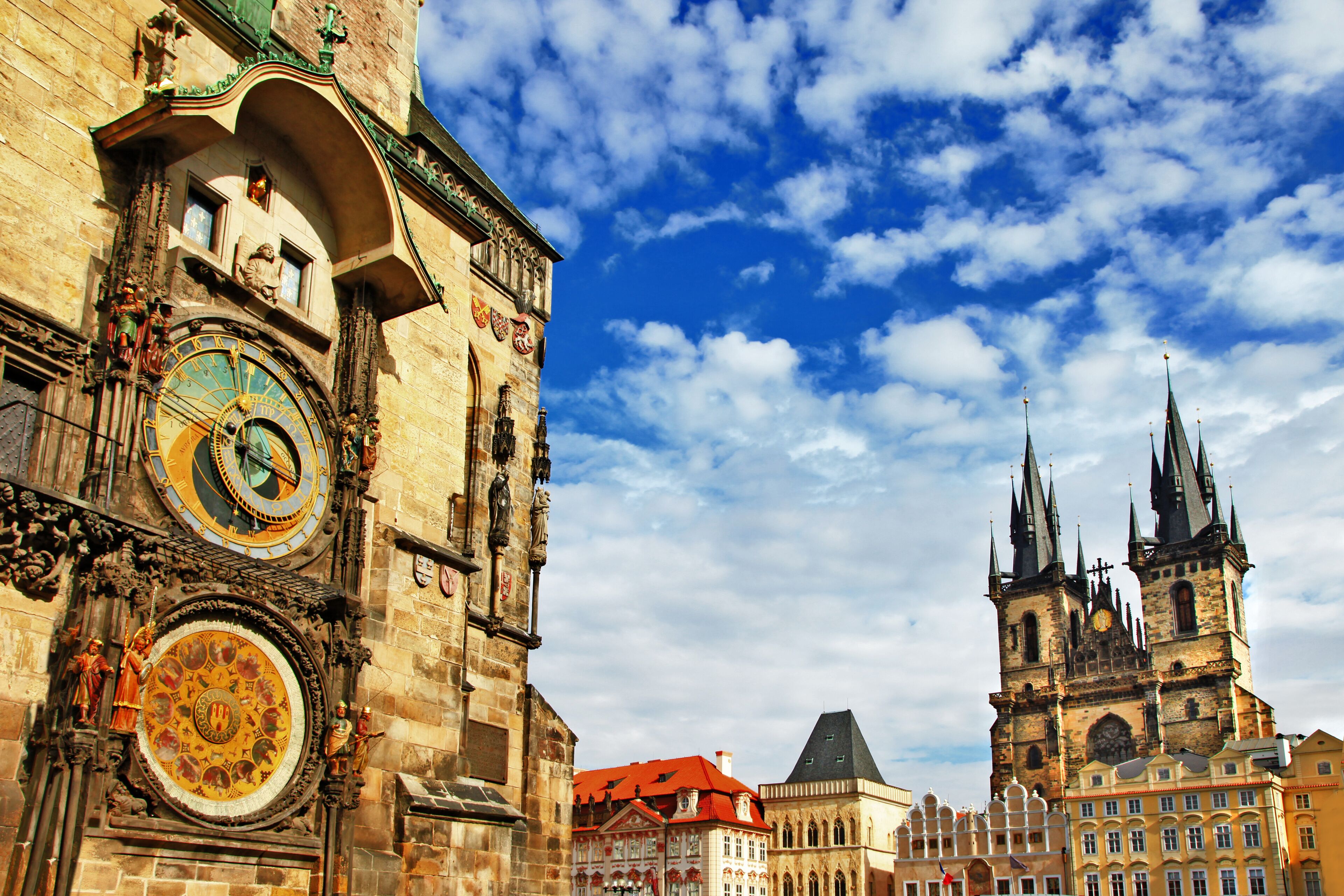 Prague Czech Republic View of Old Town Square with Astronomical Clock Orloj and Tyn Church Towers Medieval Gothic Architecture Famous European Landmark Cityscape Historical Bohemia Travel Scenic