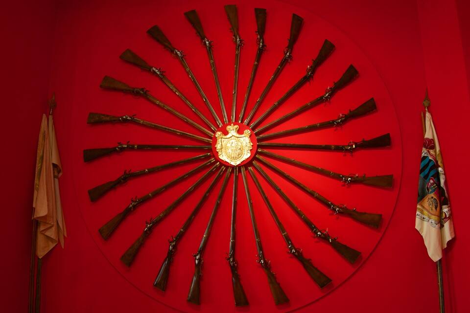 A red wall with a circular emblem surrounded by rifles.