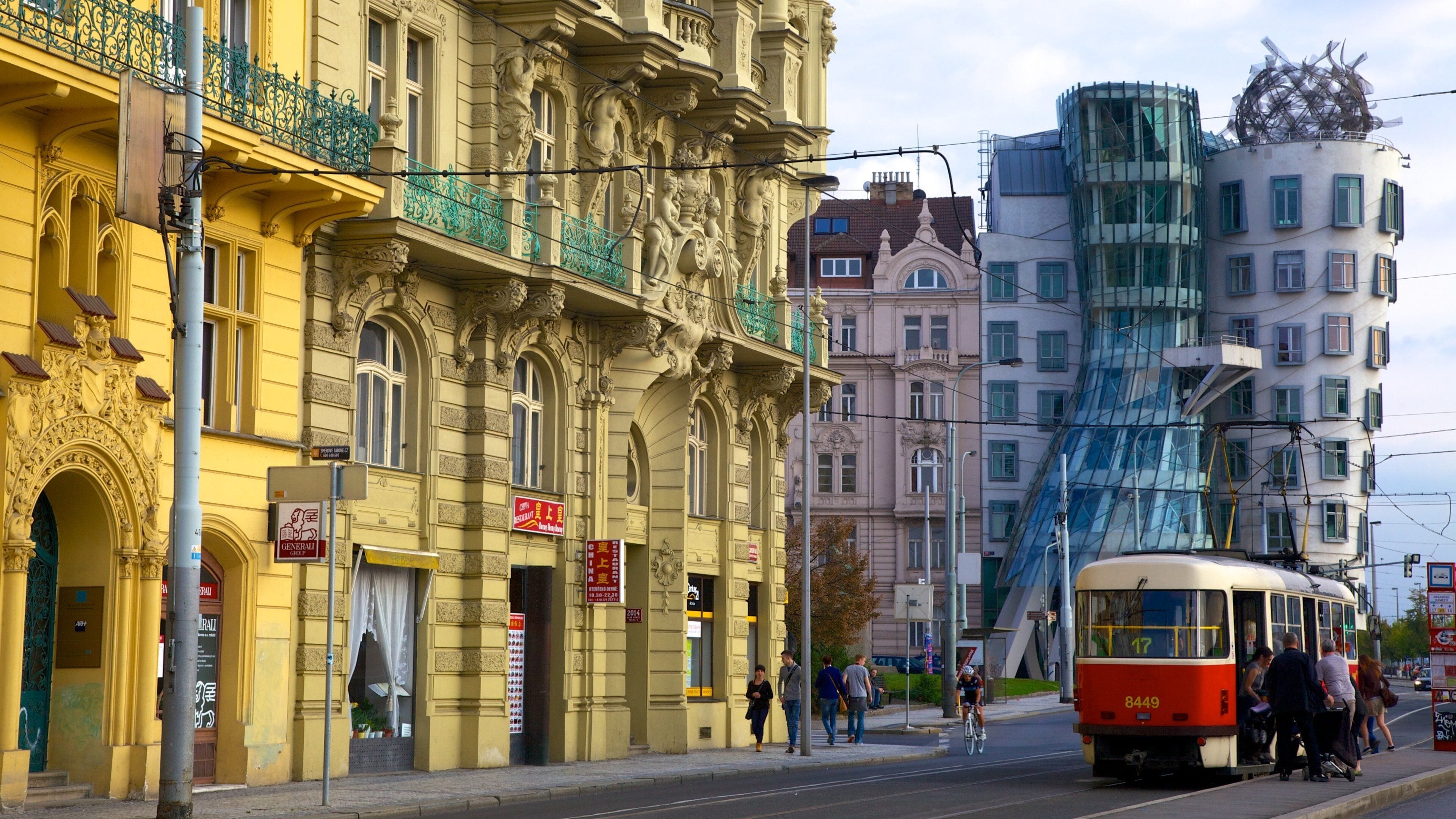 Prague Dancing House featuring modern architecture, street scenes and a city