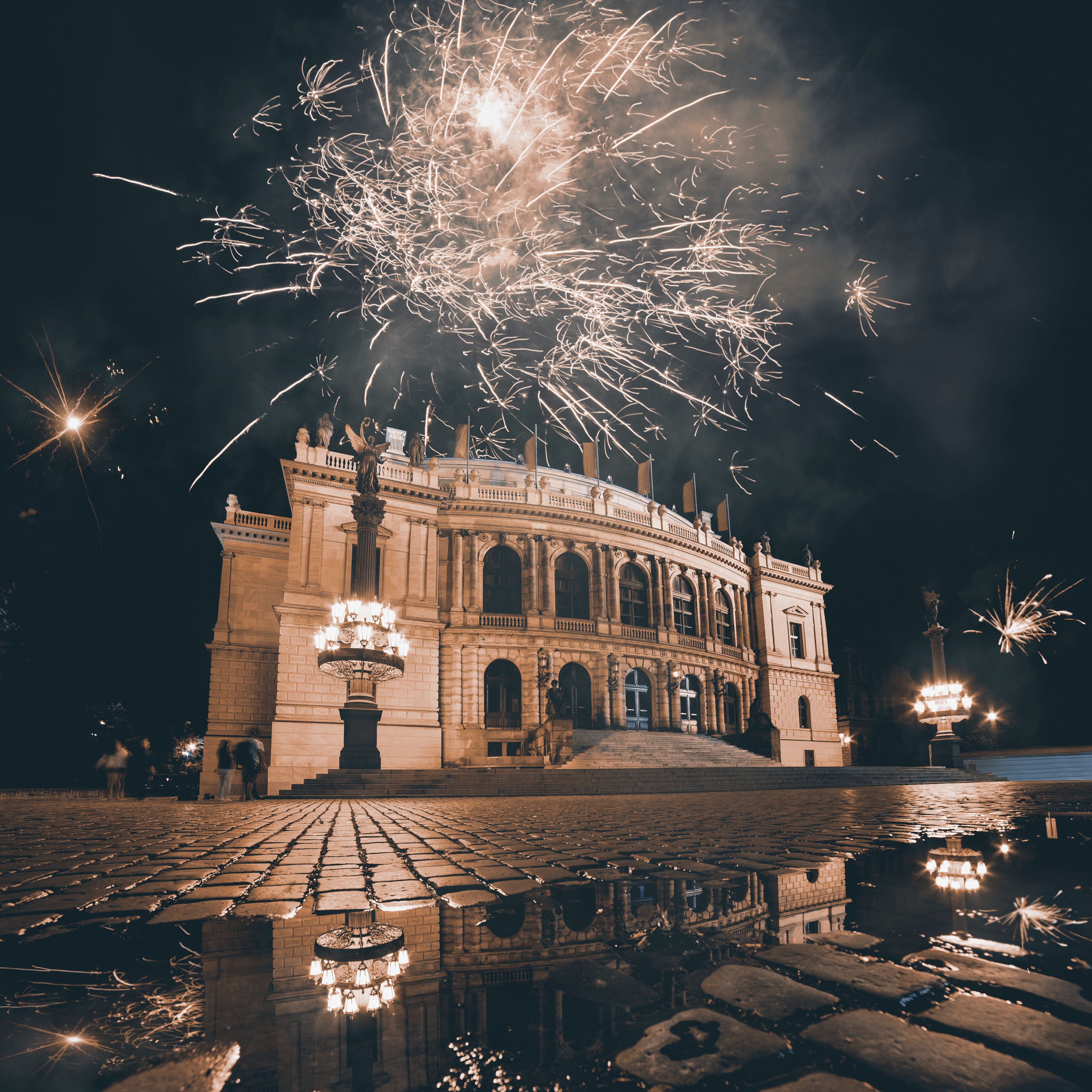 Fireworks over Prague Opera House