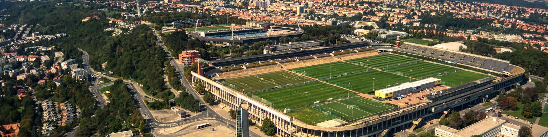 aerial view of Strahov Stadium in Prague during summer time