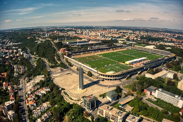 aerial view of Strahov Stadium in Prague during summer time