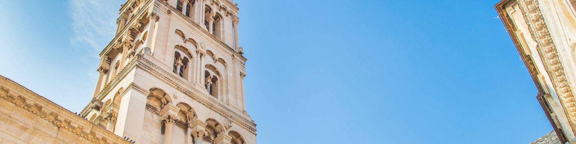 Split, Dalmatia, Croatia, cathedral of Saint Domnius and Diocletian Palace in Split, Dalmatia, Croatia, historic Peristil UNESCO world heritage site