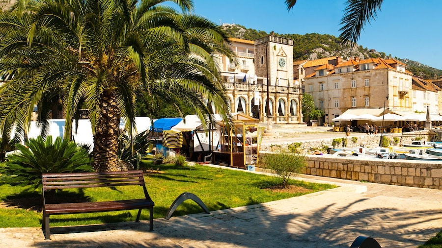 Panoramic photo of St Stephens Cathedral in St Stephens Square, Hvar Town centre, Hvar Island, Croatia