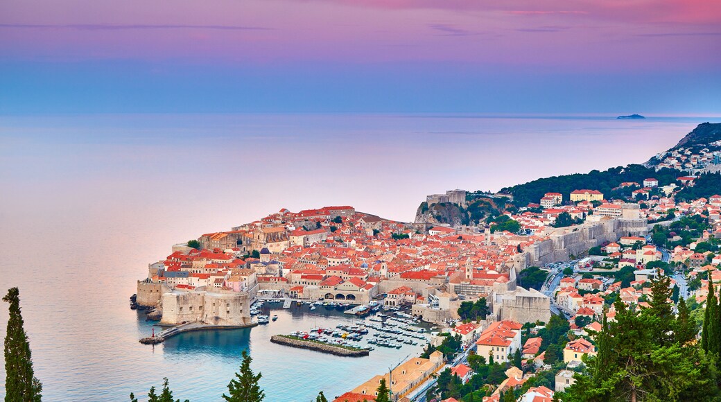 Aerial view at famous european travel destination in Croatia, Dubrovnik old town, Dalmatia, Europe. UNESCO list. Fort Bokar seen from south old walls on a sunny day in dramatic light..