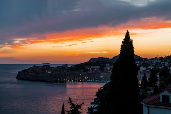 Amazing sunset over the citadel next to the sea in Dubrovnik Croatia