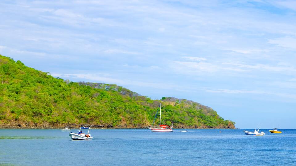 A coastal scene with several boats on calm waters, a green hillside, and a clear sky.
