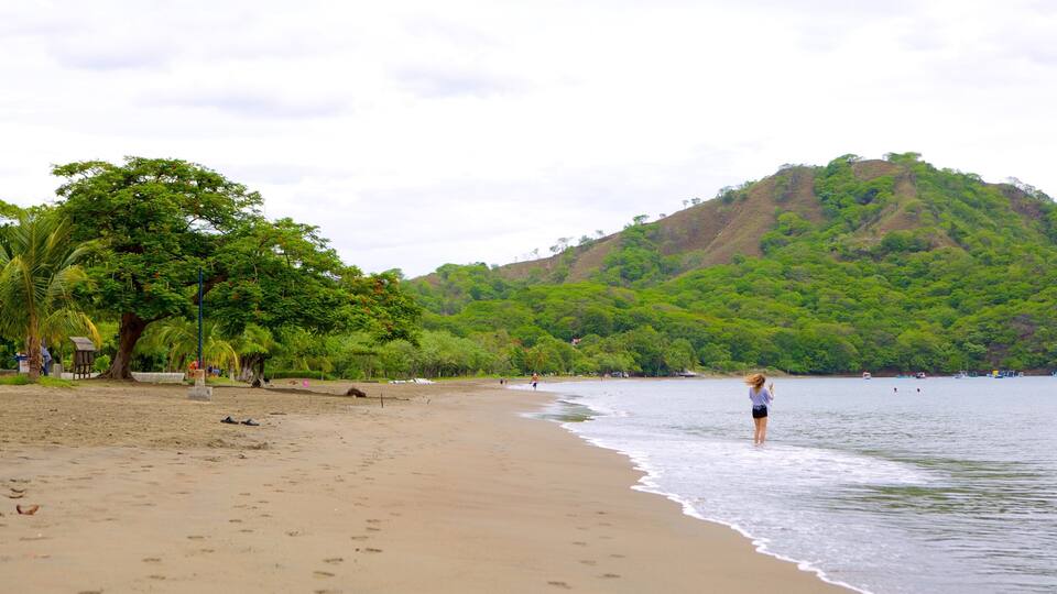 A sandy beach with a person standing in the water, surrounded by lush green hills and palm trees.