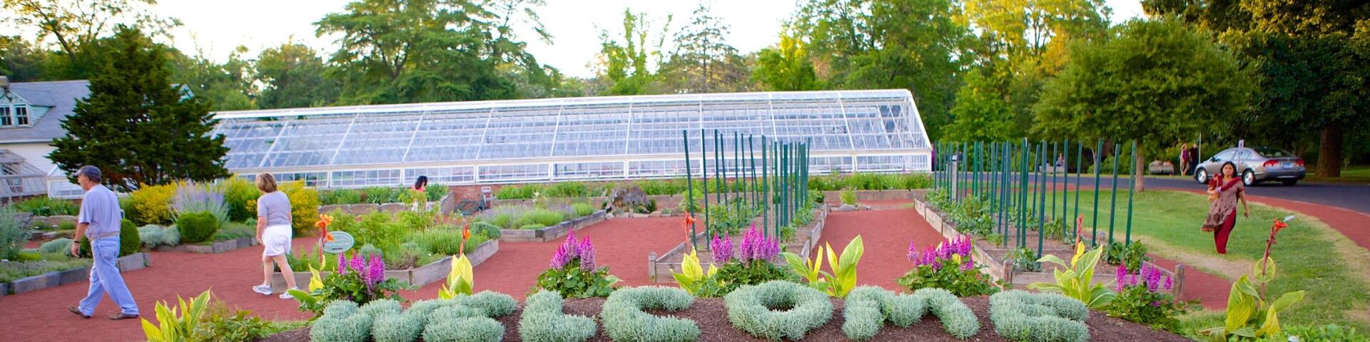 A garden with a welcome sign for Elizabeth Park.