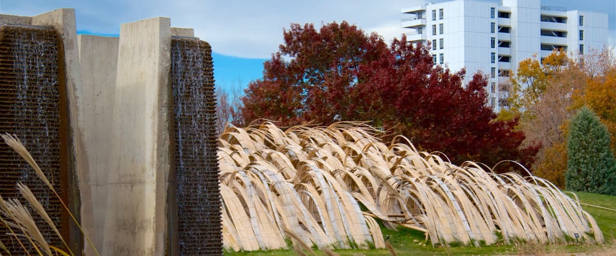 Denver Botanic Gardens showing a fountain, a park and autumn leaves