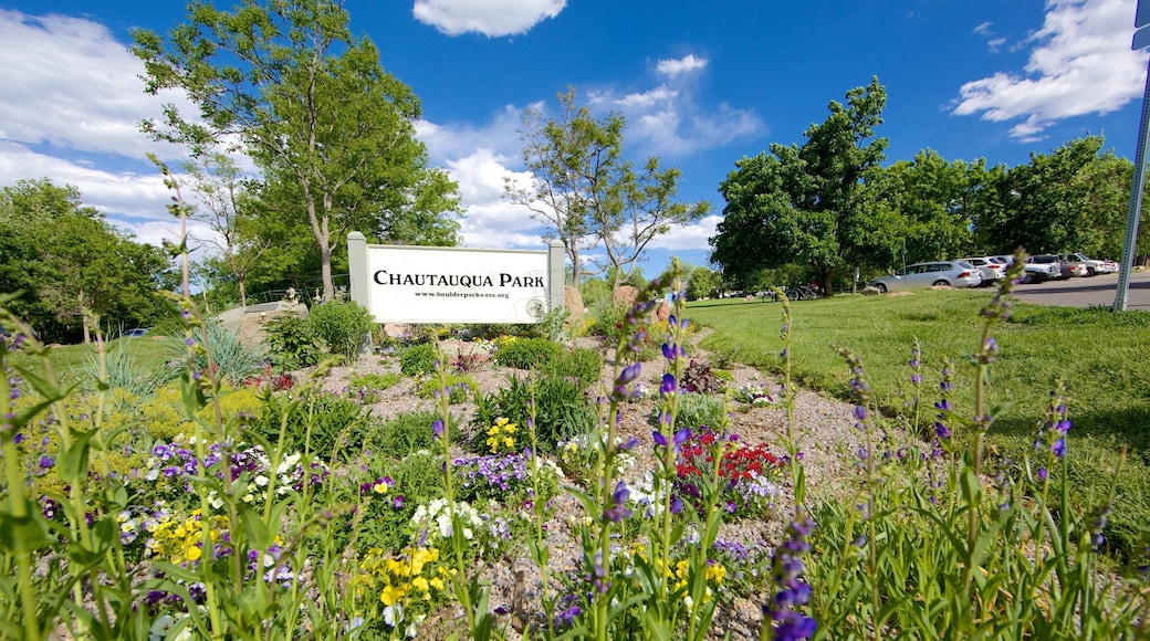 Chautauqua Park showing signage, a garden and flowers