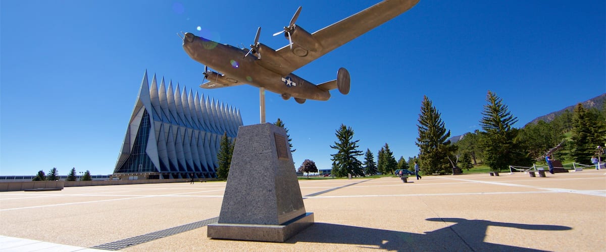 US Air Force Academy showing military items, a square or plaza and a memorial