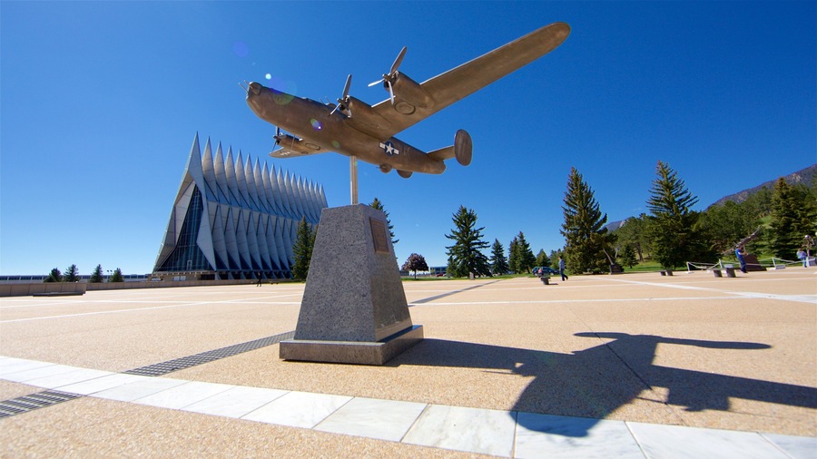 US Air Force Academy showing military items, a square or plaza and a memorial