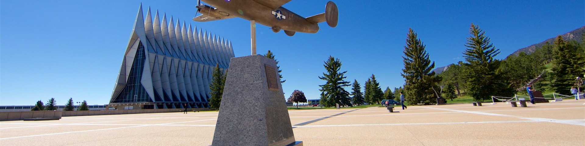 US Air Force Academy which includes a square or plaza, military items and a memorial