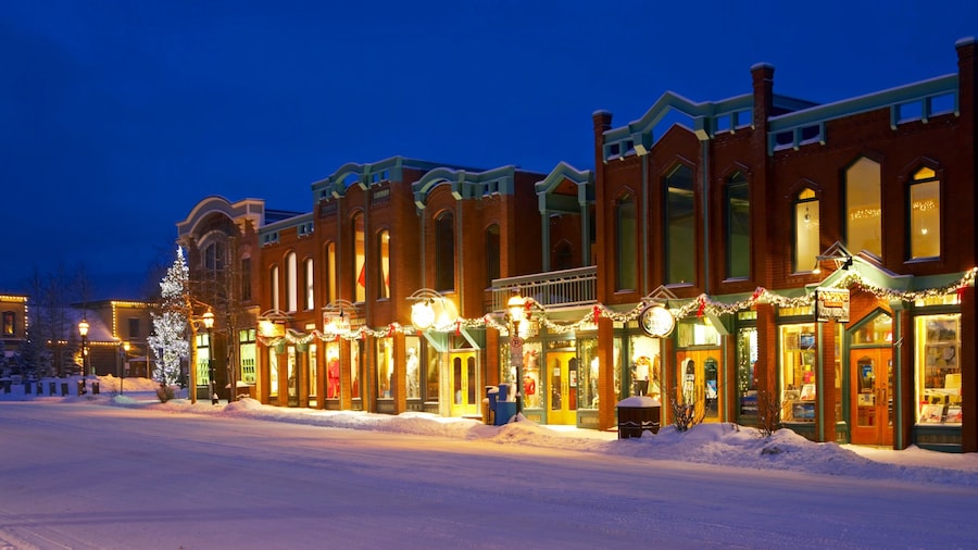 Breckenridge Ski Resort which includes night scenes, snow and street scenes