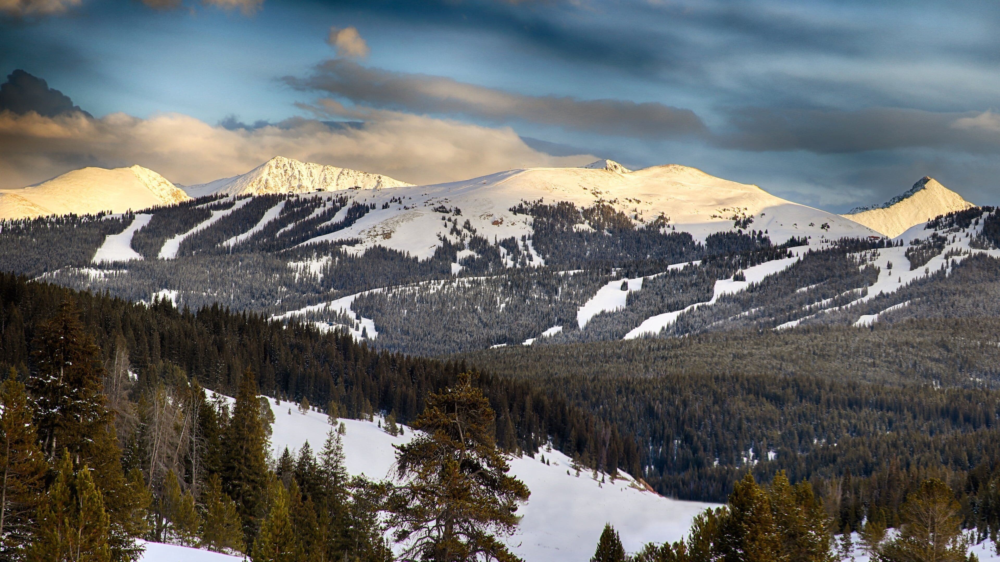 A snow-covered mountain range with dense forests at the base.