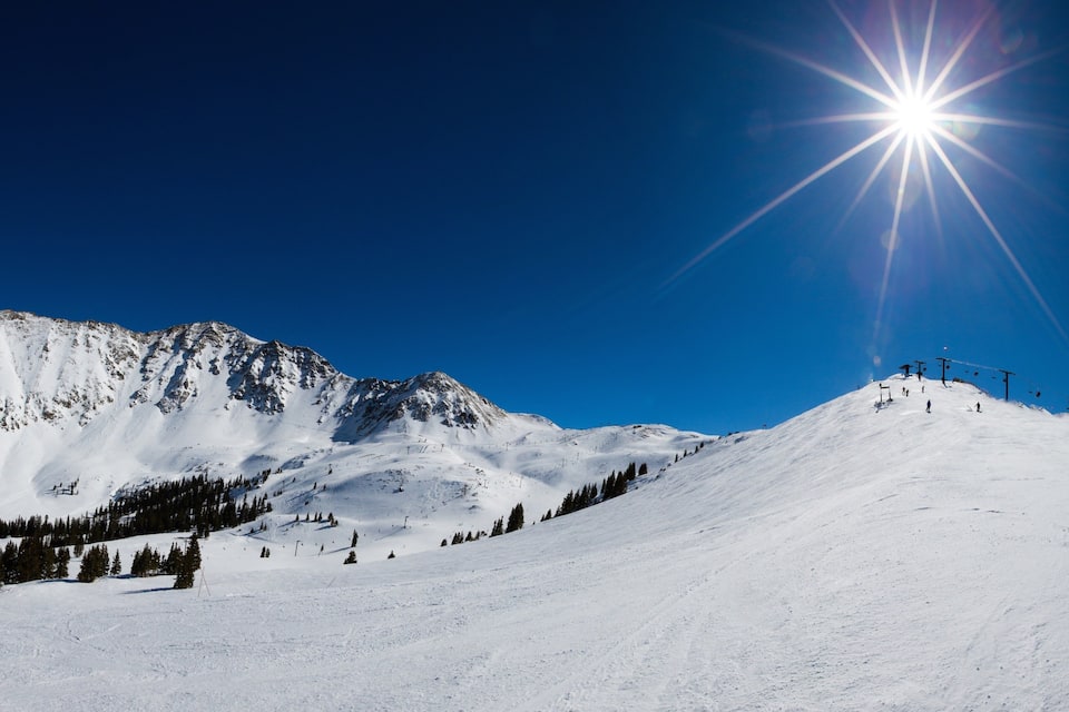 Una muntanya plena de neu amb telesquís i un cel blau clar.