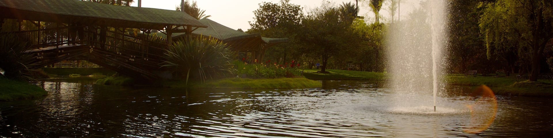 Bogota Botanical Garden which includes a garden, a pond and a fountain