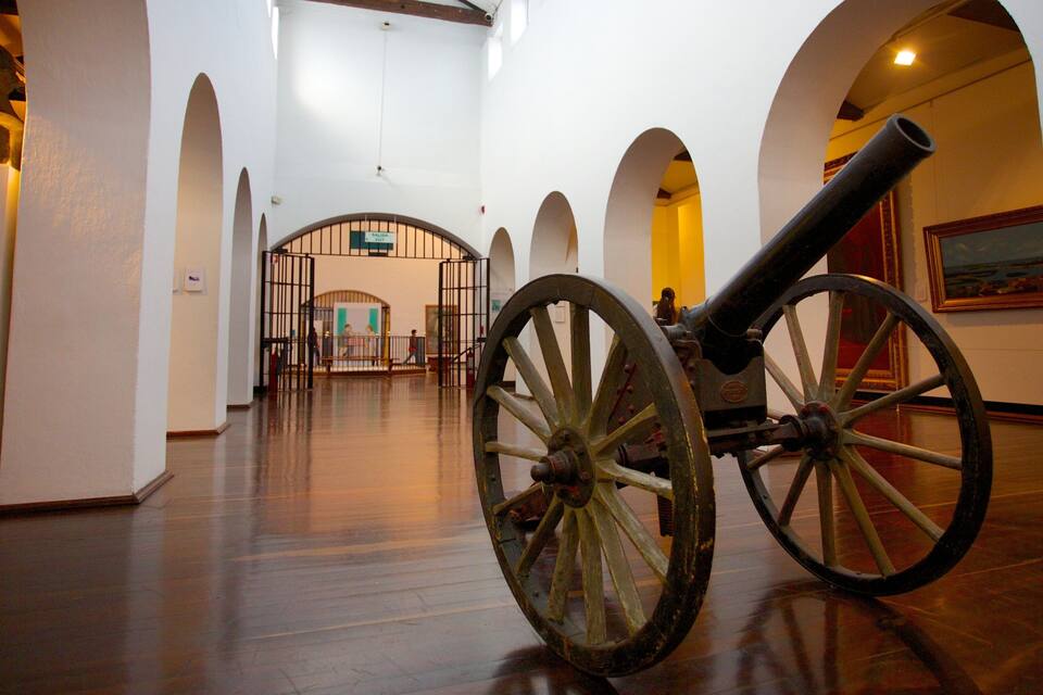 En kanon i ett museum med välvda tak och ett trägolv.