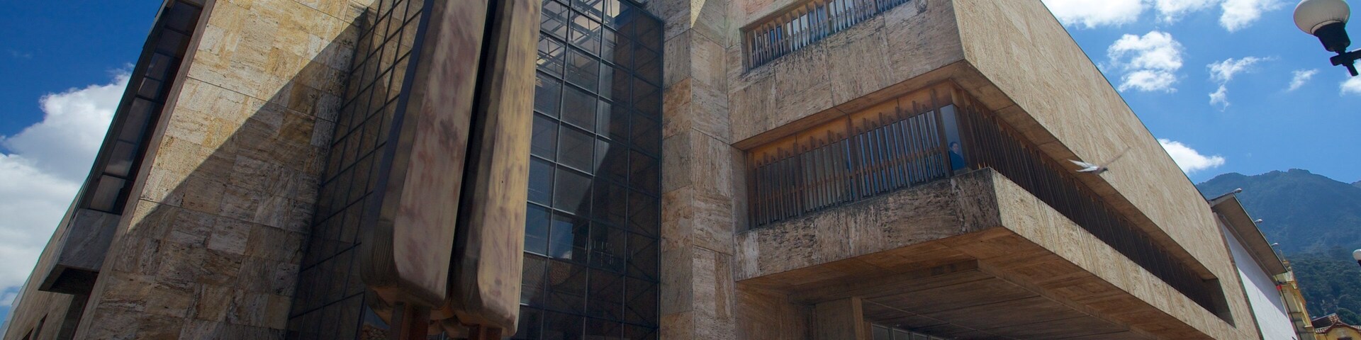 Biblioteca Luis Ángel Arango caracterizando arquitetura moderna e um edifício administrativo assim como um pequeno grupo de pessoas