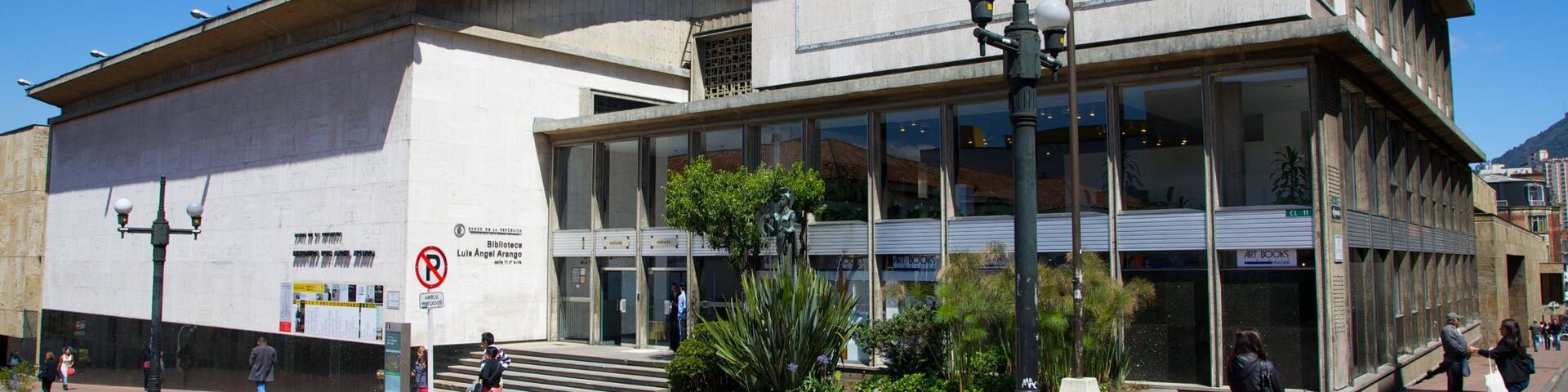 Luis Angel Arango Library featuring street scenes and an administrative buidling