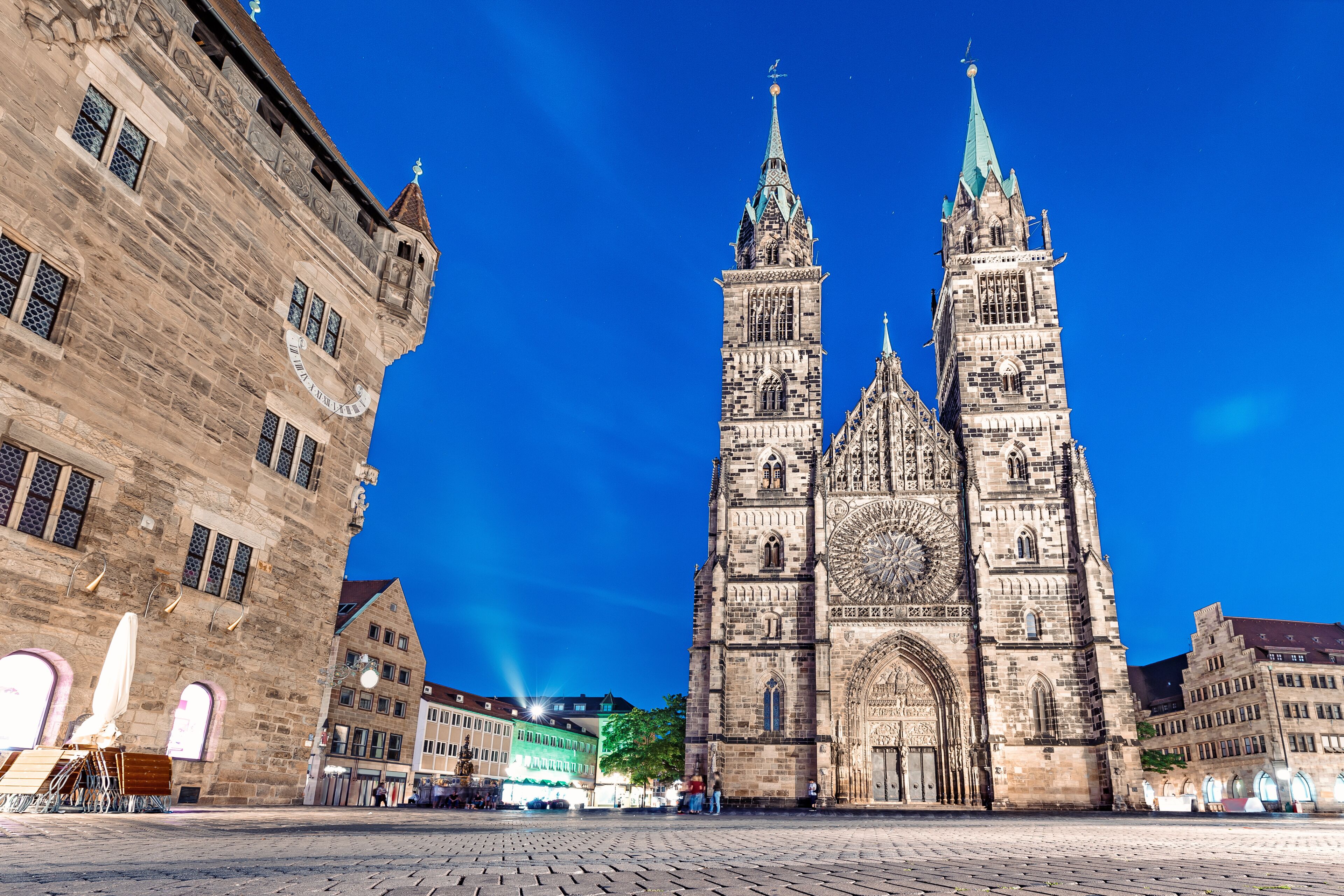 classic night view in Nuremberg on the illuminated building of the Church of St. Lorenz . Travel and sightseeing in Germany