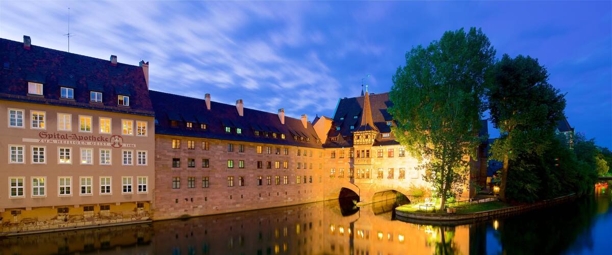 Heilig Geist Spital which includes a river or creek, heritage elements and a sunset