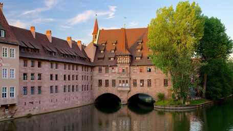 Ein historisches Gebäude mit einer Steinfassade, einer Brücke über einem Kanal und einem großen Baum im Vordergrund.