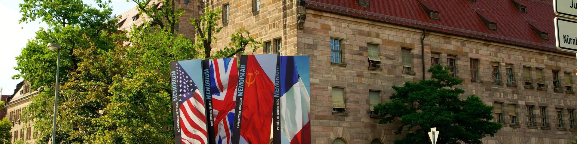 Nuremberg Palace of Justice which includes heritage elements and signage