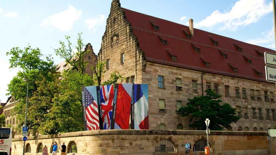 Nuremberg Palace of Justice which includes heritage elements and signage