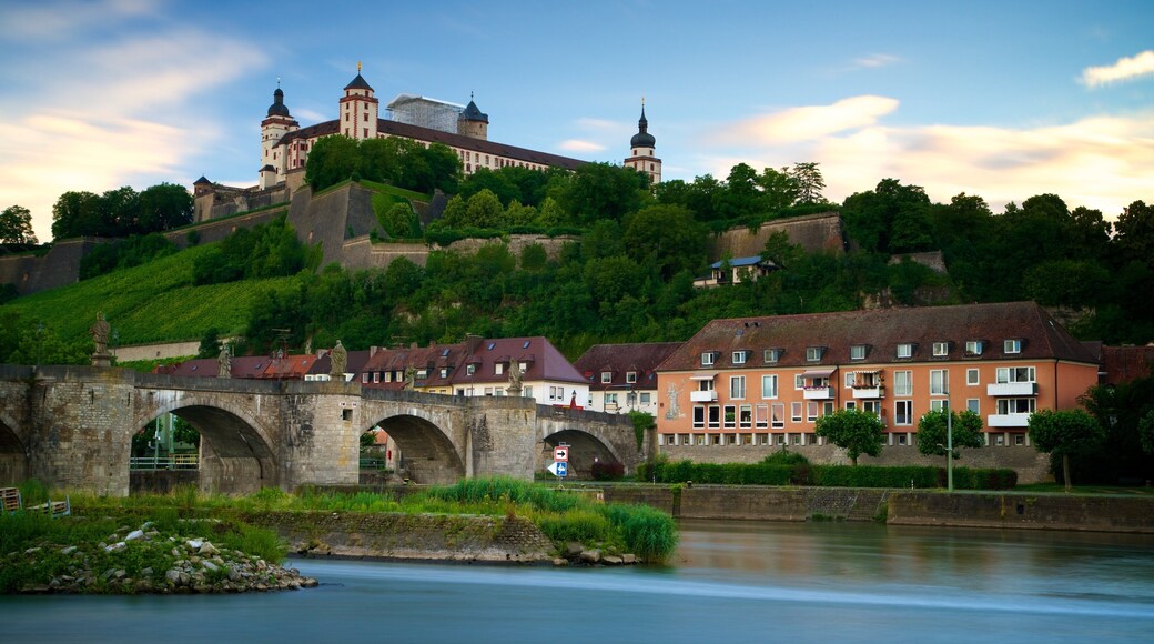 Fortress Marienberg showing a river or creek, a bridge and a small town or village