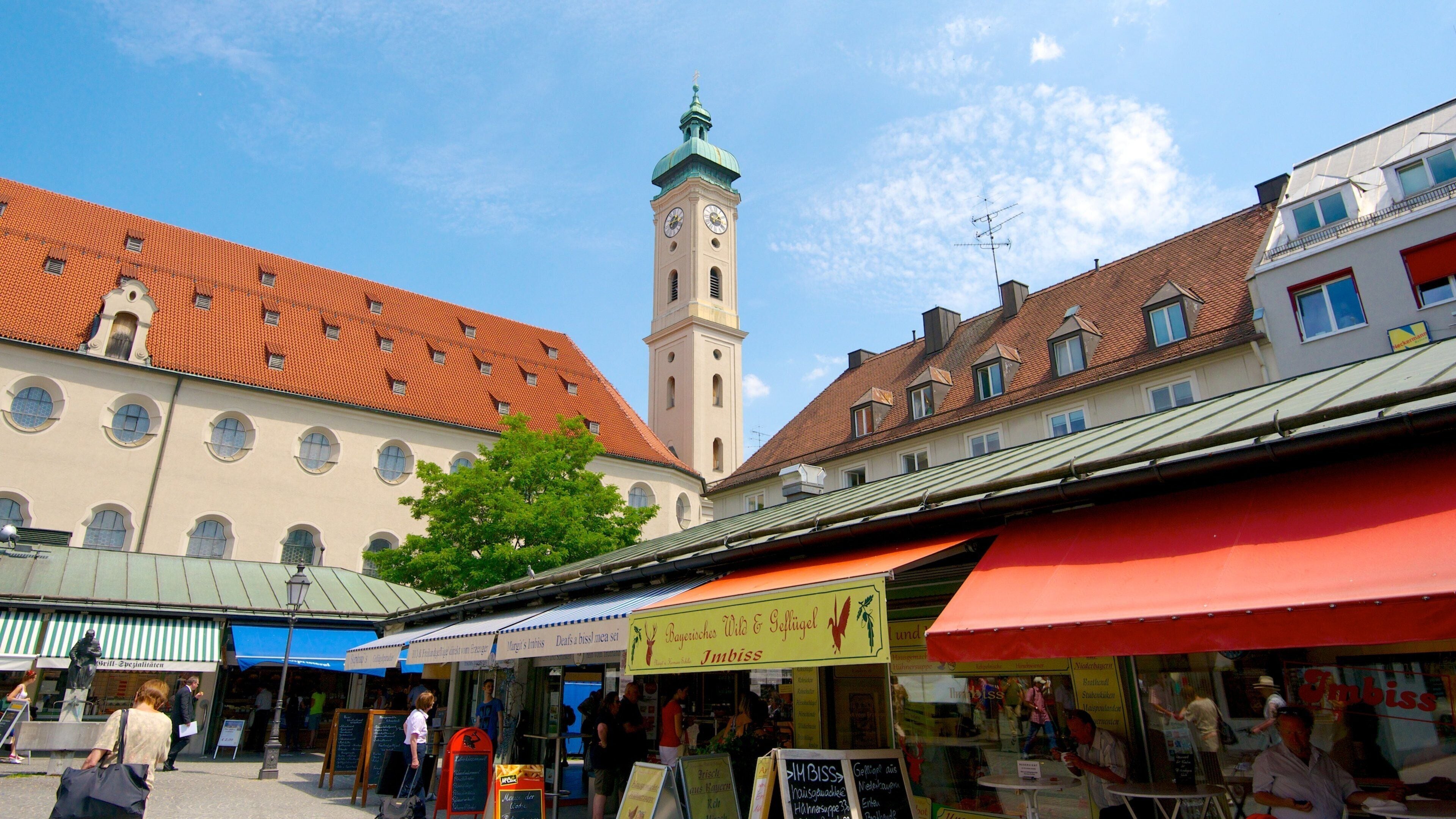 Viktualienmarkt som viser liten by eller landsby, marked og torg eller plass