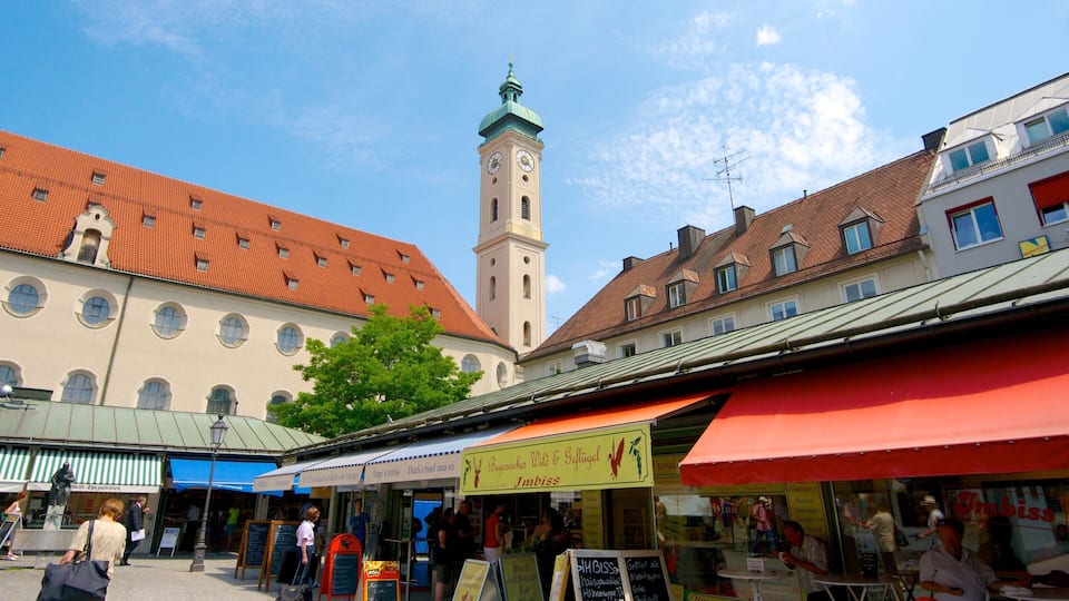 Viktualienmarkt som viser liten by eller landsby, marked og torg eller plass